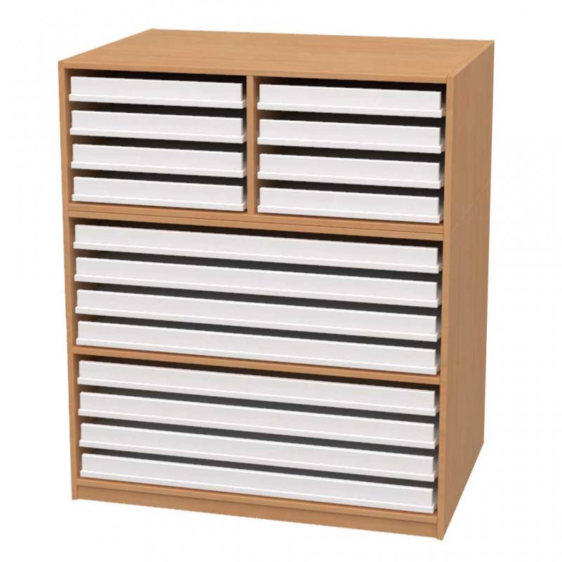 Papier- und Bildertruhen mit Aufsatz, 8 große Schubladen unten & 8 kleine oben