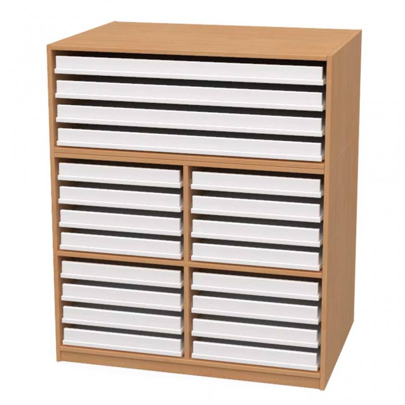 Papier- und Bildertruhen mit Aufsatz, 16 kleine Schubladen unten & 4 große oben