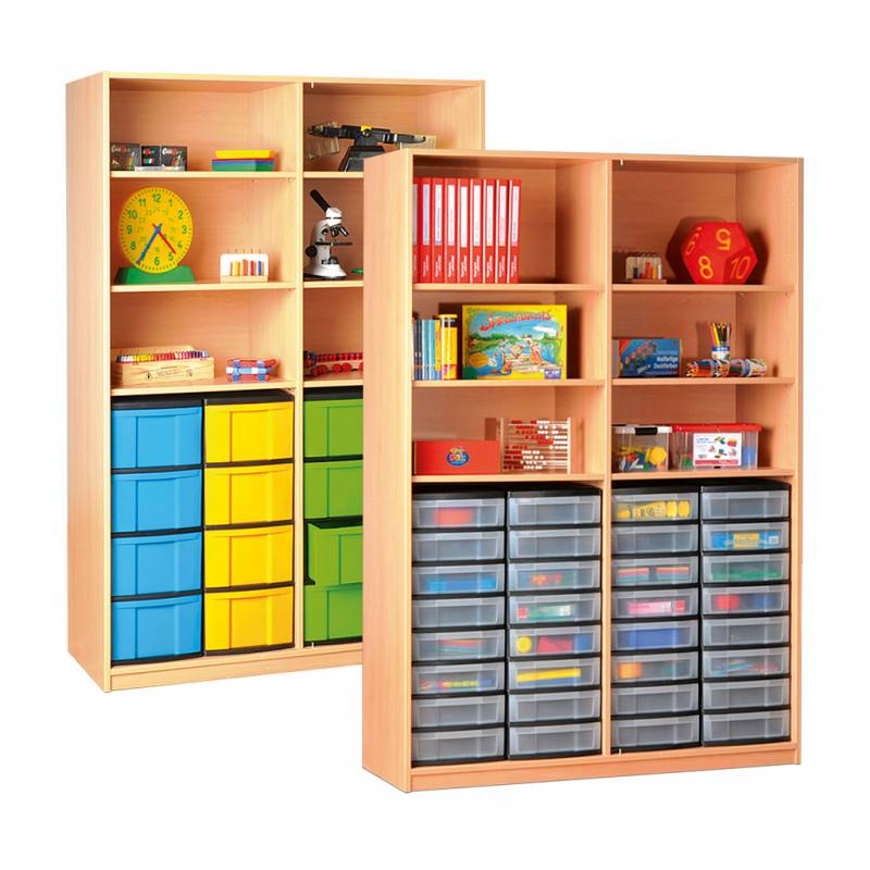 Modulus® Gruppenraum-Regal mit Mittelwand und Schubalden, 4 Böden verstellbar