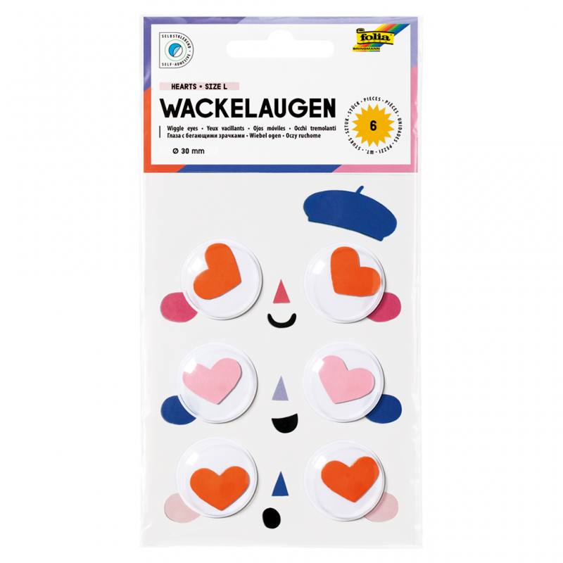 Folia® Wackelaugen Herzen, selbstklebend, 6 Stück, Ø 30 mm