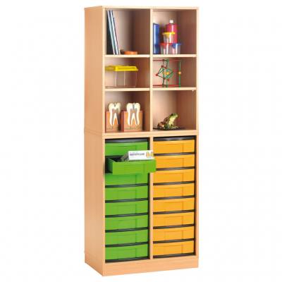 Modulus® Gruppenraum-Regal, 2-reihig, 6 Fächer, 16 kleine Schübe, mit Sockel