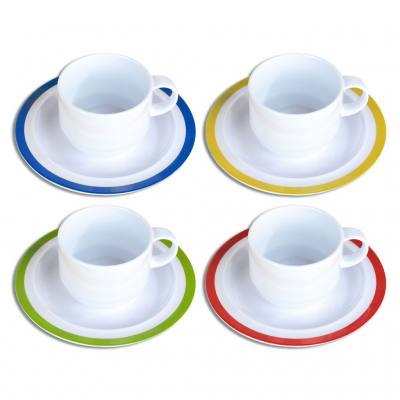 Kindergeschirr "ORNAMIN", Tasse weiß + Untertasse mit buntem Rand