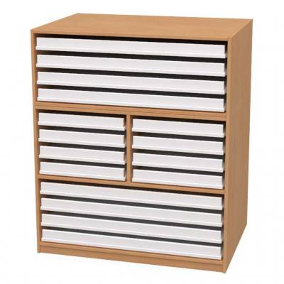 Papier- und Bildertruhen mit Aufsatz, 4 große Schubladen unten, 8 kleine mittig und 4 große oben