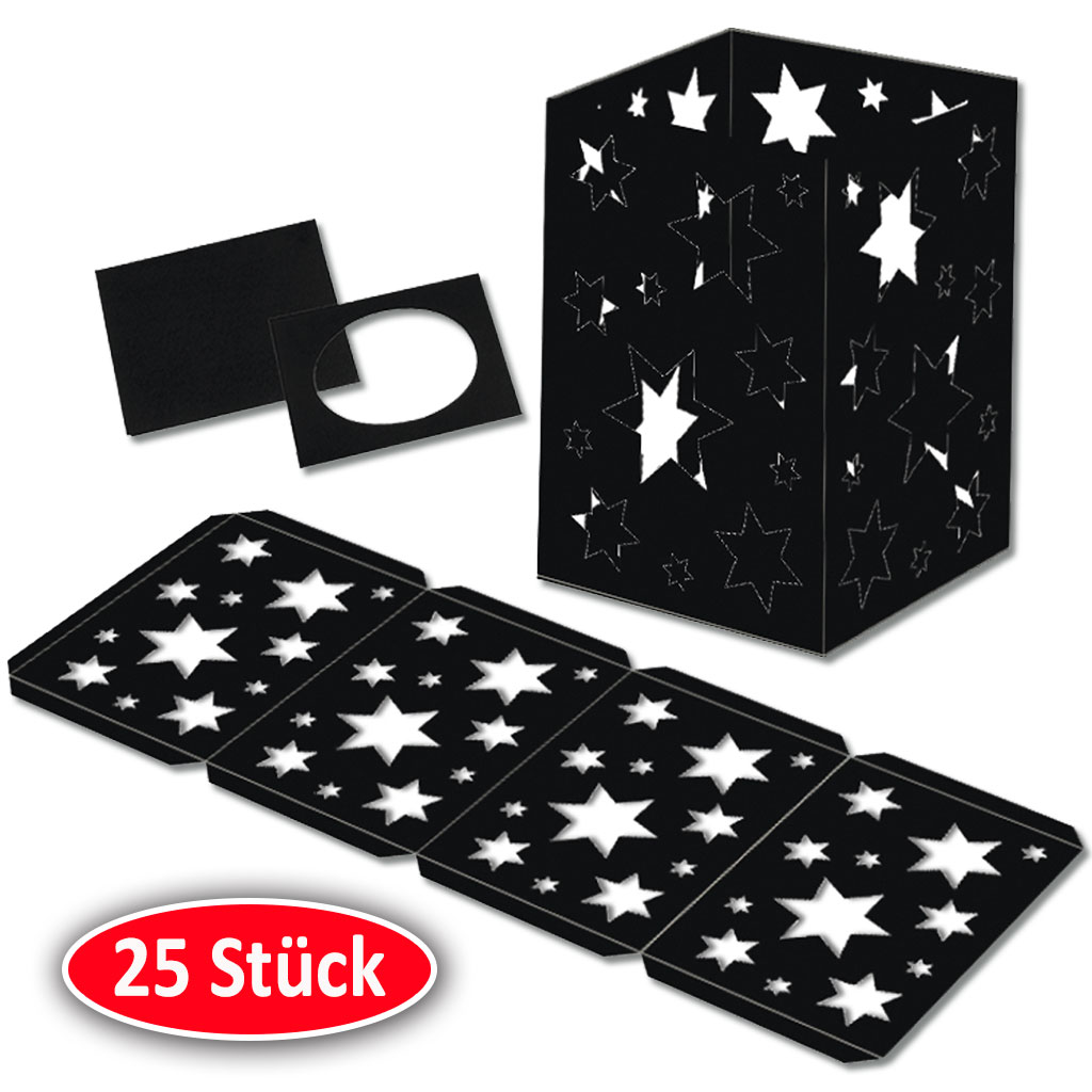 25 schwarze Laternen mit gelaserten Sternen